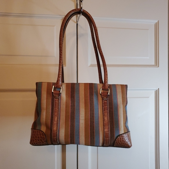 Liz Claiborne Faux Alligator Bag w Striped Fabric - Picture 2 of 10